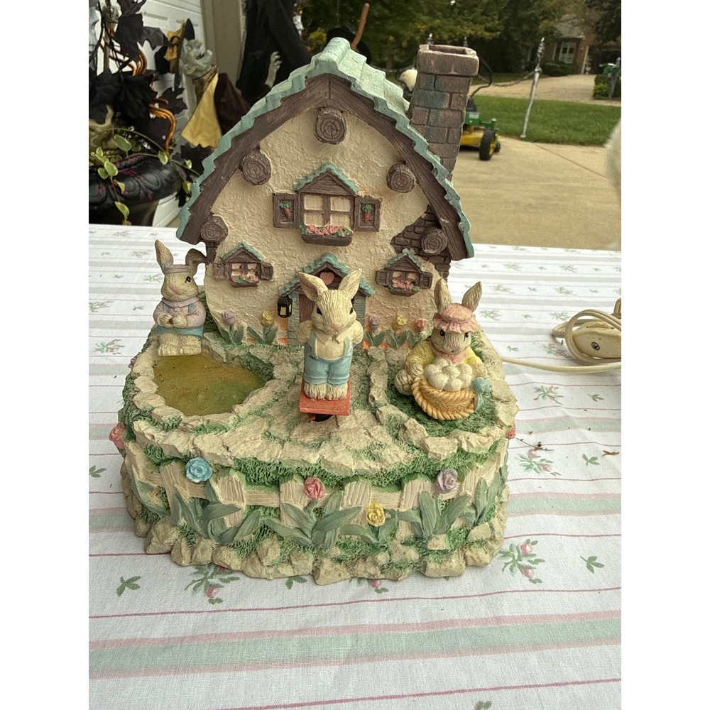 Vintage Easter Bunny Cottage Music Box Light Up Rotating Figurine Spring Decor
